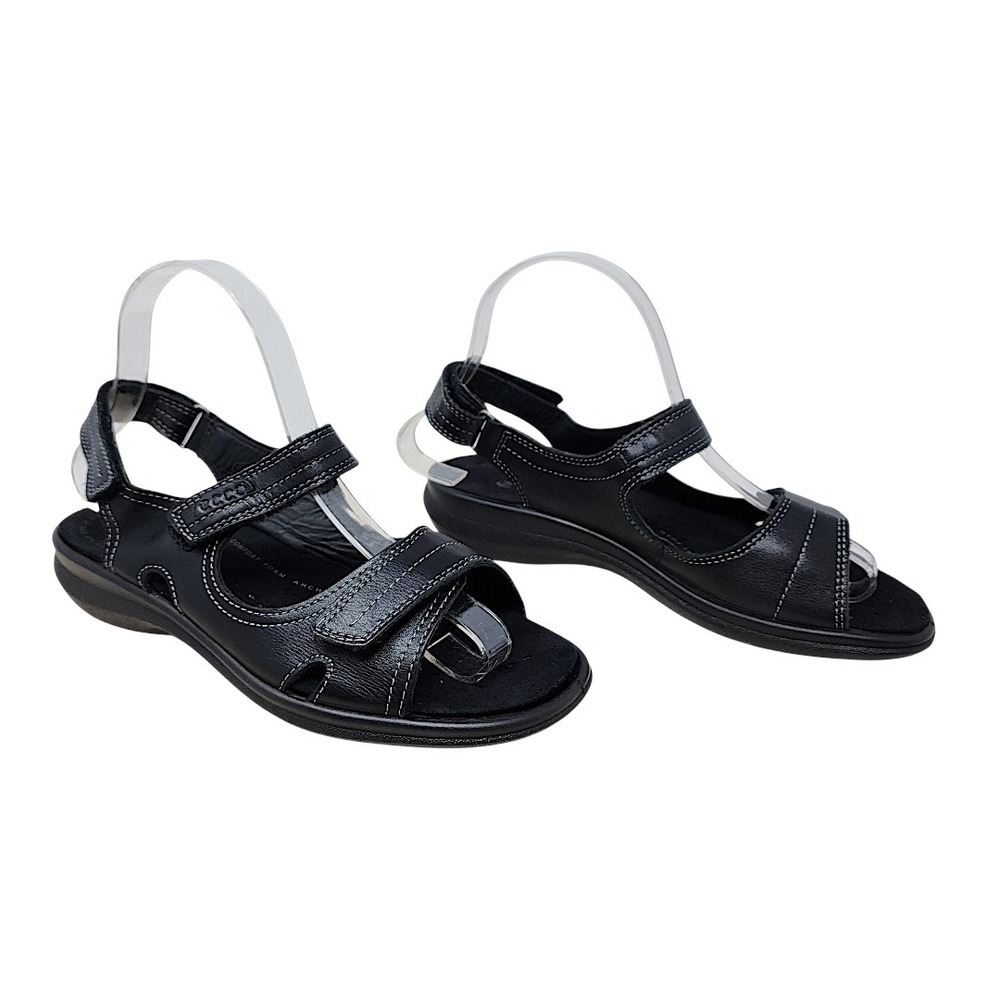ECCO Sandals 37 6-6.5 Womens Breeze Black Leather 3 Strap Comfort Arch Support